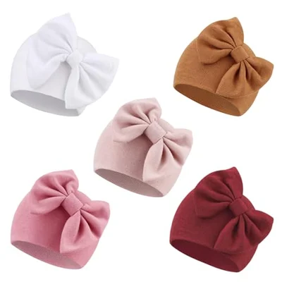 DRESHOW Newborn Baby Hats Hospital Hat Nursery Beanie Infant Bow Hats for 0-6 Months - 5 Pack Bow Hats Set22-10uk / 0-6 Months