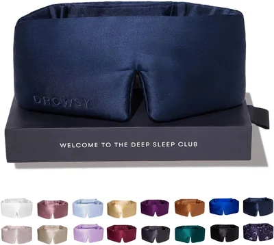 DROWSY Silk Sleep Mask. Face-Hugging, Padded Silk Cocoon for Luxury Sleep in Total Darkness (Midnight Blue)