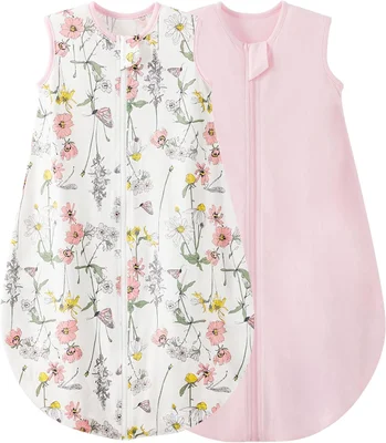 Duomiaomiao Baby Sleeping Bag 2 Pack 0.5 Tog Sleep Sack, Baby Summer Sleeping Bag 100% Cotton Baby Wearable Blanket Unisex Toddler Newborn Sleep Bag 18-36 Months, Flower&Pink