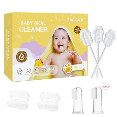EASICUTI Upgrade Baby Tongue Cleaner, 52PCS Newborn Infant Toothbrush, 2 Finger Toothbrush & Gum Cleaner Stick Dental Care for 0-36M+ - White / 1 count (Pack of 52)