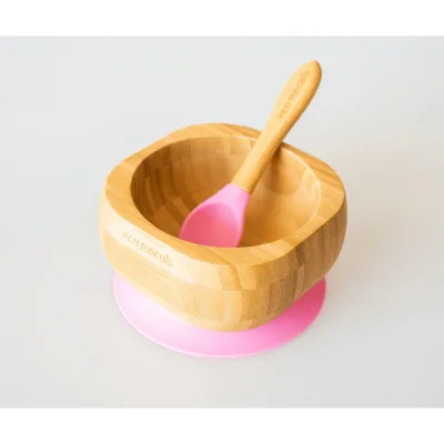 eco rascals Bamboo Suction Bowl & Spoon Set - Pink
