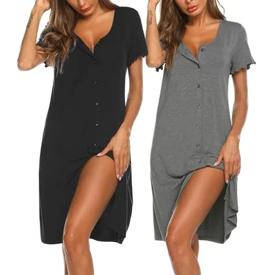 Ekouaer Nightdresses for Women Nighties Button Front Nightshirts Summer Nightwear Short Sleeve 2 Pack, Black + Star S