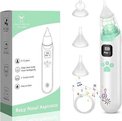 Electric Baby Nasal Aspirator, Rechargeable Nose Cleaner with 3 Suction Levels, 3 Silicone Tips, Anti-Backflow Snot Sucker for Toddlers, Soothing Function with Music and Light - Default