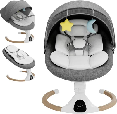 Electric Baby Swing Chair from Birth, 0–6 Months, max 9kg,Portable Newborn Baby Bouncer with Bluetooth, Rocking Rocker Chair 5 Swing Speed, 3 Angle Position, Remote Control & Touch Panel - Grey