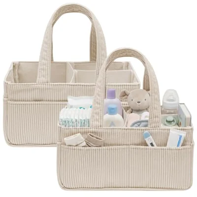 Eyoulife 2 Pack Corduroy Nappy Caddy Organiser for Changing Table - Cream