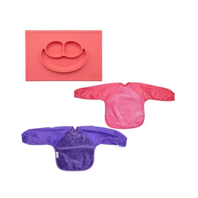 Ezpz Happy Mat + Small 2pck Long Sleeve Towel Bib-Coral - Coral