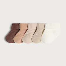 F&F Baby 5-Pack Cotton Blend Ribbed Roll Top Socks in Beige