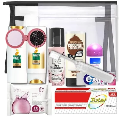 Fabylz Mart Travel Size Toiletries Essentials Women Mini Set Miniature for Vacation, Holidays, Hospital Maternity | Clear Travelling Bag | Airport Security Approved