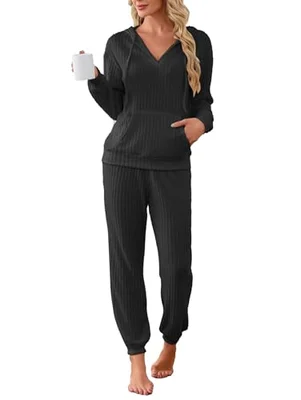 Famulily Lounge Wear Sets for Women UK Ribbed Knit V Neck Hoodies and Jogging Bottoms, Ladies Tracksuits Comfy Leisure Suits Long Sleeve Pyjamas Nightwear (M, Black)