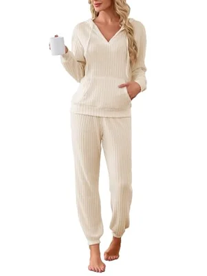 Famulily Lounge Wear Sets for Women UK Ribbed Knit V Neck Hoodies and Jogging Bottoms, Ladies Tracksuits Comfy Leisure Suits Long Sleeve Pyjamas Nightwear (M, Black)