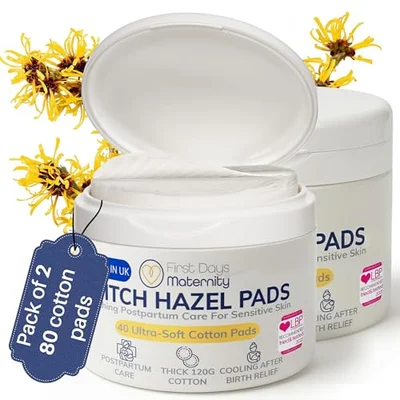 First Days Maternity Witch Hazel Pads - Postpartum & Hemorrhoids - Cooling & Soothing Cotton Wipes for Perineal Relief After Birth | Hospital Bag Essentials for New Mums (40 Pack)
