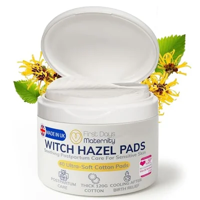 First Days Maternity Witch Hazel Pads - Postpartum & Hemorrhoids - Cooling & Soothing Cotton Wipes for Perineal Relief After Birth | Hospital Bag Essentials for New Mums (40 Pack) - 40 Pieces (1 Piece) / 40 Pads (1 Tub)