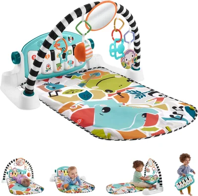 Fisher-Price Baby Activity Mat Glow and Grow Kick & Play Piano Gym, Portable Musical Toy with Smart Stages Learning, Ages 0+ Months, Blue, Queens English Version, HYH62