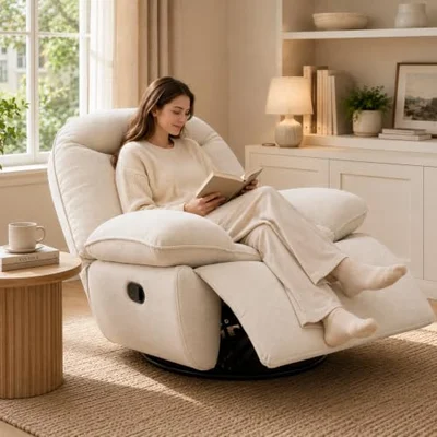 FLEXISPOT XC6 OVAL Manual Recliner Chair, Swivel Rocker Armchair with Adjustable Footrest, Side Pockets & Padded Backrest for Living Room, Beige - Beige-m / Standard