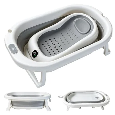 Foldable Baby Bath Tub with Built-in Waterproof Thermometer, Stable Reinforced Frame No Wobble, Fast Drainage, Insulated Base Support, Ergonomic Round Baby Bathtub - grey