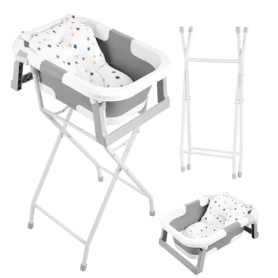 Foldable Baby Bath with Stand, Bath Support, mpact Storage for Infants Grey - Grey