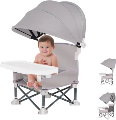 Foldable Baby Booster Seat Dining Chair with Detachable Sunshade Travel Portable with Removable Tray for Indoor Outdoor Sit Folding Booster Feeding/Camping Chair for Toddler Children's Day Gift(Grey)