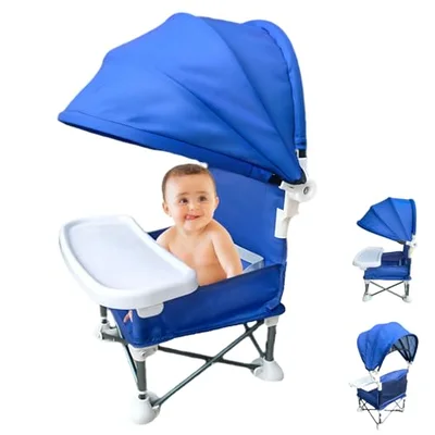 Foldable Baby Booster Seat Dining Chair with Detachable Sunshade Travel Portable with Removable Tray for Indoor Outdoor Sit Folding Booster Feeding/Camping Chair for Toddler Children's Day Gift(Grey) - Blue