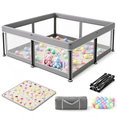 Colpart Foldable Baby Playpen with Mat and Balls - Grey / 127 x 127 cm