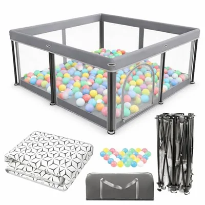 Foldable Baby Playpen with Mat - Portable, Spacious & Sturdy Play Yard for Babies and Toddlers, Quick 1-Minute Setup, Travel-Friendly, Safe & Durable for Indoor and Outdoor Use (Grey, 50x50 inches) - 1.2*1.2M