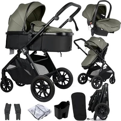 For Your Little One Cruise 3-in-1 Travel System with i-Size Car Seat, Stroller, 13kg Pram, Height Adjustable Handle, Pram, Newborn 0-4 Years Free Raincover and Cupholder (Pebble Sage) - Dune Beige