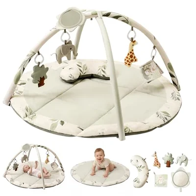 Fortella Baby Play Gym & Activity Playmat, Sensory Mat for Floor w Hanging Toys, Mirror, Support Pillow - Ideal for Newborn Tummy Time, Infant Development, Suitable for 0-3-6-9-12 Months (Sage) - Sage / Extra Large