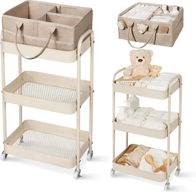 Fortella Nappy Caddy Organizer, 3-Tier Storage Trolley on Wheels, Bedroom Storage Baby Essentials for Newborn Nursery Changing Table, Easy Assembly, Portable Nappy Bag, Bathroom Kitchen Trolley(Brown)