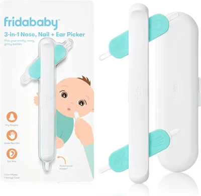 Frida Baby 3-in-1 Nose, Nail + Ear Picker | Baby Ear Cleaner + Baby Nose Cleaner and Nail Tool for Babies + Toddlers, Safely Clean Baby's Bogies, Ear Wax & More
