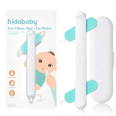 Frida Baby 3-in-1 Nose, Nail + Ear Picker | Baby Ear Cleaner + Baby Nose Cleaner and Nail Tool for Babies + Toddlers, Safely Clean Baby's Bogies, Ear Wax & More - White / 1 Count (Pack of 1)