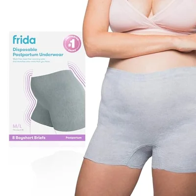 Frida Mom Postpartum Disposable Knickers | Microfibre Boyshort Cut Knickers with Super Soft, Stretchy and Breathable Fabric | Size Regular, 8ct - Grey / One Size