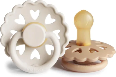 FRIGG Fairytale Latex Pacifier Pack of 2 | Natural Rubber Soother Dummy | BPA-Free | Made in Denmark | Symmetrical Cherry Shaped Nipple (Cream/Silky Satin, Size 1 (0-6 Months))