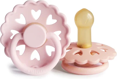 FRIGG Fairytale Latex Pacifier Pack of 2 | Natural Rubber Soother Dummy | BPA-Free | Made in Denmark | Symmetrical Cherry Shaped Nipple (Cream/Silky Satin, Size 1 (0-6 Months))
