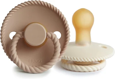 FRIGG Rope Latex Pacifier Pack of 2 | Natural Rubber Soother Dummy | BPA-Free | Made in Denmark | Symmetrical Cherry Shaped Nipple (Cream/Croissant, Size 1 (0-6 Months)) - Cream/Croissant / Size 1 (0-6 Months)