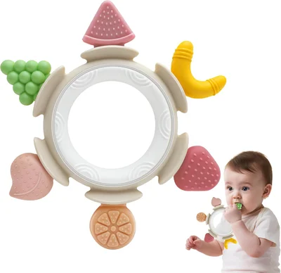Fruit Shaped Teething Toys for Baby, Silicone Teething Ring for Babies, Teether Toys 0 3 6 12 Months Toddler, BPA Free Chew Toys Easy to Grasp Accessories for Boy Girl Infant Gifts, Brown