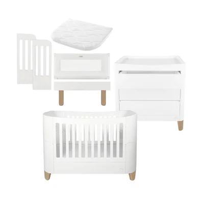 Gaia Baby Serena Cot Bed + Bedside Crib Set- Includes Bedside (Incl Bedside mattress) Cot Bed and Dresser - White / Natural - White / Natural