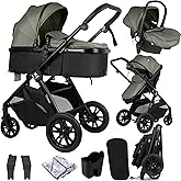 Gcarebb 3 in 1 Prams Travel System, Pushchair with Height Adjustable Handle, Travel Pram with Mosquito Net, Baby Stroller with Aluminum Frame for Newborn 0-4 Years