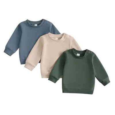 Geagodelia Baby Toddler Boy Sweatshirts Spring Fall Long Sleeve Infant Boys Solid Color Pullover Tops Elastic Jumper Outfit Clothes 3PCS (Beige, 0-6 Months) - Beige / 0-6 Months