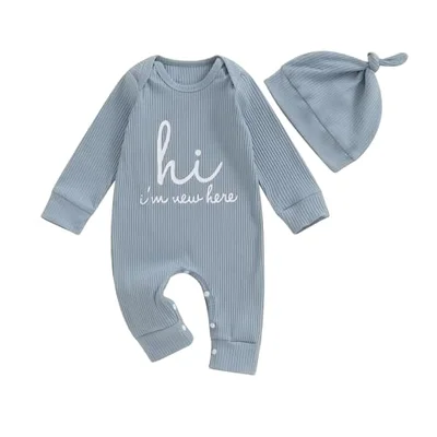 Geagodelia Newborn Baby Boy Hello Im New Here Baby Grow Long Sleeve Romper One Piece Outfit with Hat Cotton Autumn Winter Clothes for Babies (Blue, 0-3 Months) - Blue / 0-3 Months