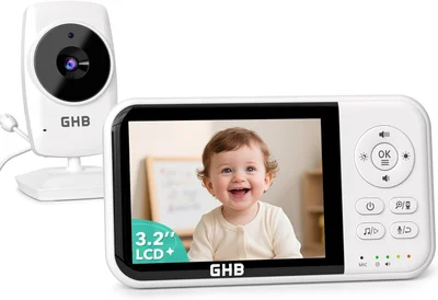 GHB Baby Monitor with Camera and Night Vision, 3.2 Inch Screen, 2-Way Audio, Temperature Sensor, 2X Zoom, Lullabies, Feeding Reminder, ECO Mode - 2100mAh