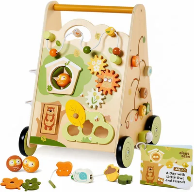 Giant bean Wooden Baby Walker, 10-in-1 Forest Themed Montessori Push Toy for Toddlers 1–3, Bead Maze, Shape Sorter, Gears, Puzzles & Fine-Motor Learning, Speed Adjustable Wood Walker