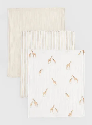 Giraffe & Stripe Print Muslin Cloths 3 Pack One Size - Cream / One Size