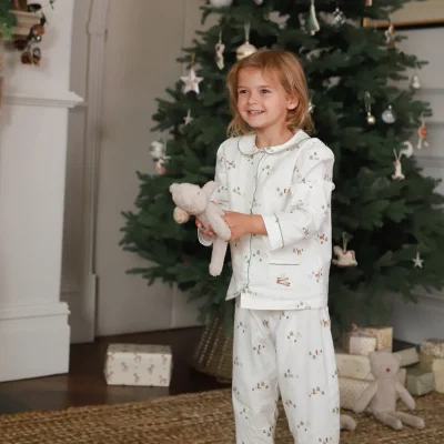 Children's Christmas Flannel Pyjamas - Winter Ski, Green Trim