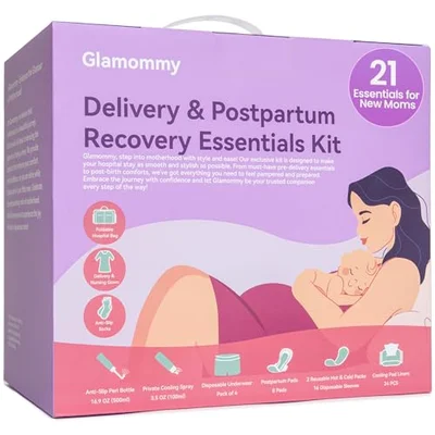 Glamommy Postpartum Recovery Essentials Kit for Women, Labor & Delivery Postpartum Care, Peri Bottle, Cooling Spray, Disposable Postpartum Underwears, Postpartum Pads, Hot&Cold Packs, Soothing Liners