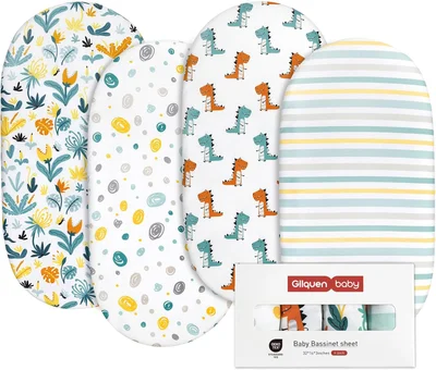 GLLQUEN BABY 4Pack Moses Basket Fitted Sheets, Newborn Pram Sheets Fitted, 100% Microfiber Oeko-tex100 Cozy and Breathable Crib Baby Bassinet Sheets for Boy and Girl, Easy Care Soft Fitted Sheet - Stripe