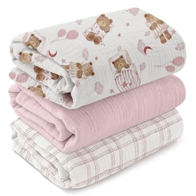 GLLQUEN BABY Baby Blankets for Newborn Soft 4 Pack, Muslin Cotton Baby Boy or Girl Blanket - Little Bear / 95 x 100 cm