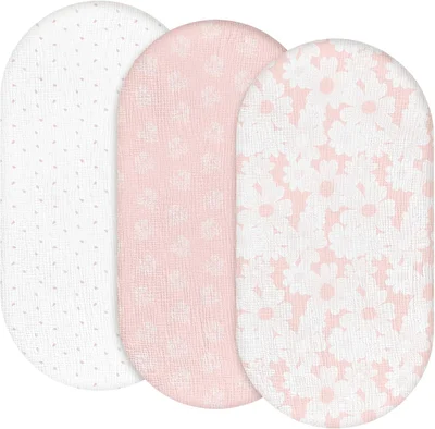 GLLQUEN BABY Pink 100% Muslin Cotton Baby Fitted Sheet, Pack of 3, 83 x 43 cm, European Cot Size, Oeko-Tex 100, Bassinet Sheets, Pram Mattress Cover