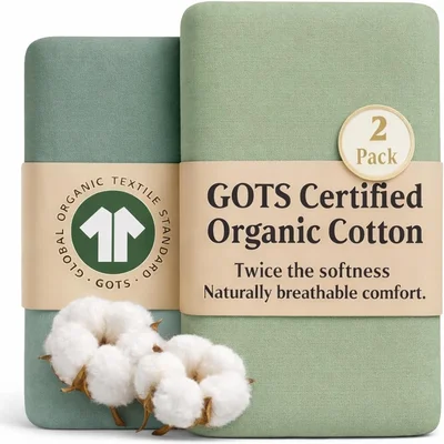 GOTS Organic Cot Bed Sheets 140 x 70 fitted – Ultra Soft & Thick 2000GSM Organic Turkish Cotton- Pack of 2 Cotbed Fitted Sheet - Toddler Bed Sheets 140 x 70 Cot Sheets 140 x 70 Fitted - Forest Green + Sage Green / 140x70cm