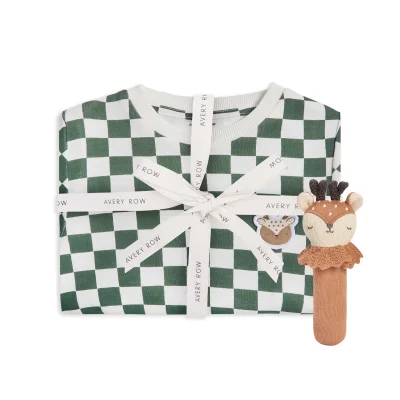 Green Checkerboard Pyjamas Dainty Deer Rattle