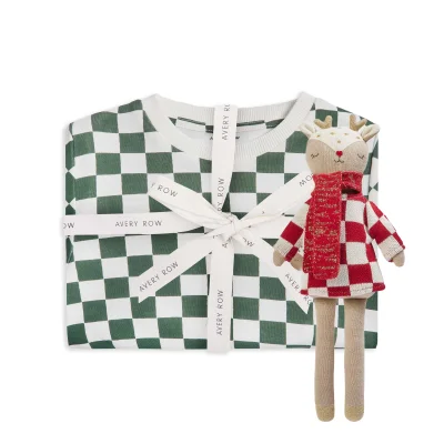 Green Checkerboard Pyjamas & Reindeer Knitted Toddler Toy Bundle