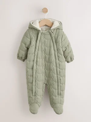 Green Crinkle Bear Face Quilted Baby Pramsuit (0mths-2yrs) - Size First Size